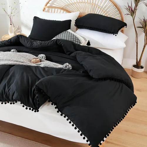 Vista 14 de YIRDDEO - Juego de edredón tamaño King con borla de bolas y borde de pompones, juego de cama King suave para todas las estaciones - 3 piezas, 1