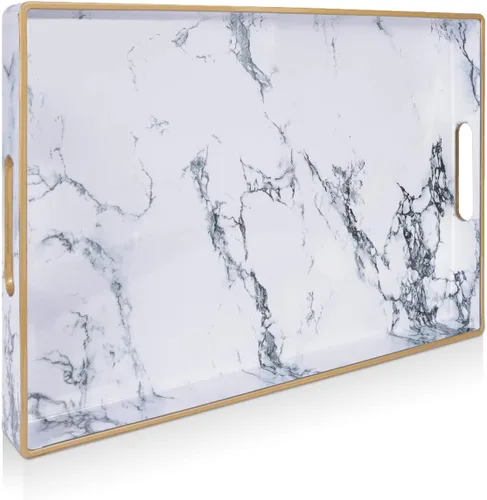 Vista 16 de Gifturbo - Bandeja de servir negra, bandejas de servir decorativas de mármol con asas, bandejas rectangulares de plástico para mesa de café otomanas