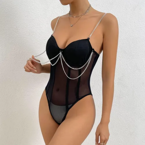 Vista 3 de Body de malla transparente sin mangas para mujer, sin mangas, espalda descubierta, estilo bustier