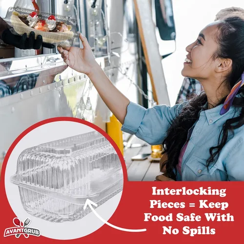 Vista 3 de Bandejas de plástico resistentes y con bloqueo. Paquete de 50. 25 tapas y 25 fondos. Botes de presentación de alimentos desechables de primera
