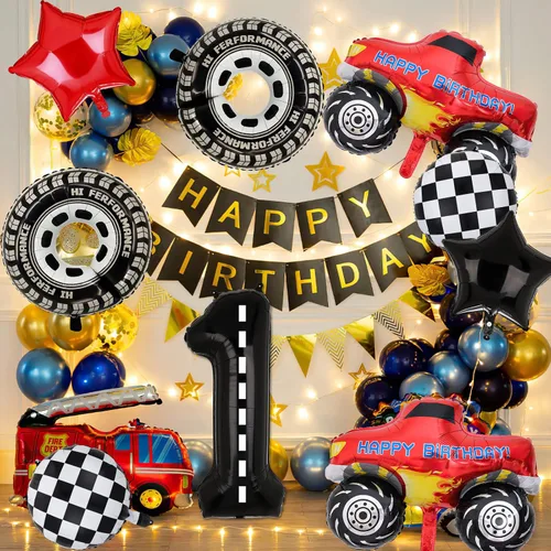 Vista 7 de Decoraciones de fiesta de camiones, 9 globos de aluminio con número de cumpleaños para camión, 1er cumpleaños, carreras, autos, suministros