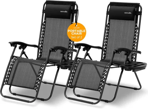 Vista 10 de SereneLife Zero Gravity - Juego de 2 sillas reclinables para patio al aire libre con mesa auxiliar de ratán, portavasos y almohada, sillas de césped