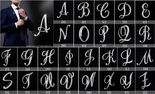 Vista 4 de A-Z - Broches chapados en plata, 26 letras, broches de metal, broches de pedrería de cristal transparente.