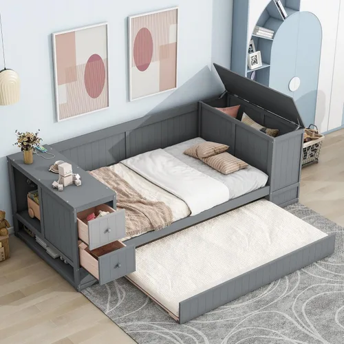Vista 11 de Sofá cama de madera maciza con 2 cajones de almacenamiento, marco de cama de día tamaño individual con respaldo y reposabrazos en forma de X, marco