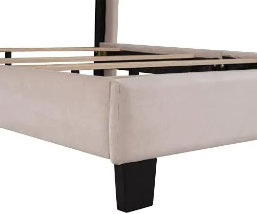 Vista 6 de Marco de cama tapizado de terciopelo Queen con cabecera y soporte de listones de madera, marco de cama tamaño Queen, marco de cama moderno Cama Beige