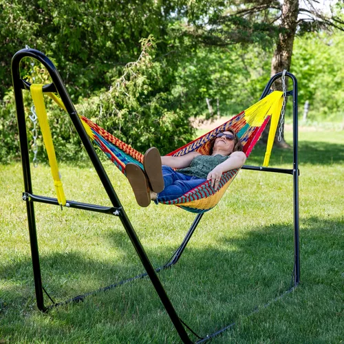 Vista 9 de Sunnydaze Hamaca doble maya tejida a mano XXL de cuerda gruesa para exterior, capacidad de 625 libras, hamaca resistente para exteriores, multicolor