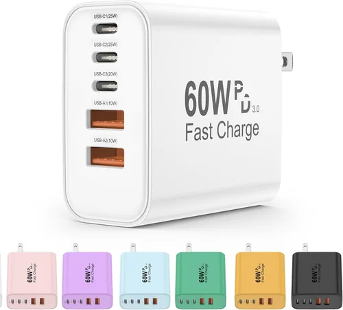 Vista 10 de Bloque de cargador USB C, bloques de carga 5 en 1 de 60 W, cargador rápido PD 3.0, enchufe de pared negro QC 2A, bloque de carga multipuerto tipo C