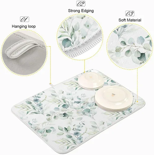 Vista 4 de Tapete de secado de platos con hojas verdes para encimera de cocina, planta de hierba, tapetes de secado blancos, super absorbentes, reversibles