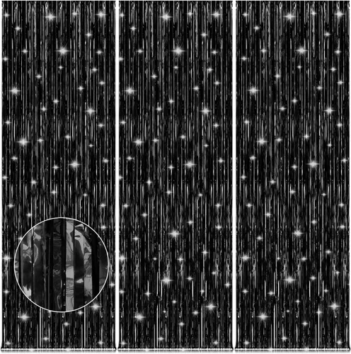 Accevo Paquete de 3 cortinas de flecos de aluminio negras para fiestas, serpentinas de 3.2 x 8.2 pies, serpentinas de oropel, decoraciones de fiesta