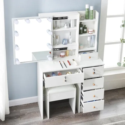 Vista 3 de Koestem Tocador de maquillaje con luces y 3 modos de iluminación de color, juego de escritorio con espejo y luces LED, tocador con taburete y 5