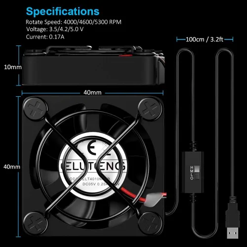 Vista 7 de ELUTENG Ventilador USB de 40 mm con control de 3 velocidades, ventilador USB de 5 V, 5300 RPM máx., ventilador de flujo alto VR, ventilador