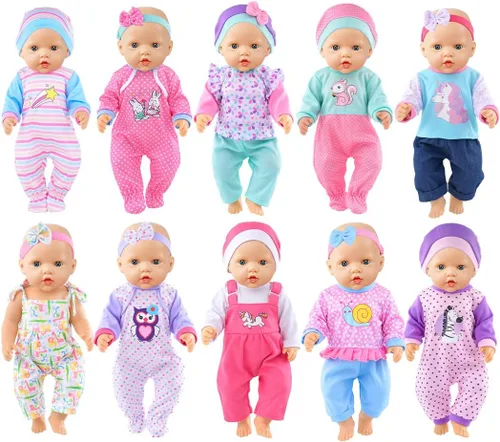 Vista 10 de iBayda - 10 juegos de ropa y accesorios para muñecas que incluyen monos y atuendos para muñecas recién nacidas de 14 a 17 pulgadas (35 a 43 cm)