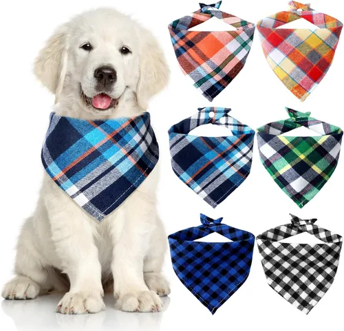 Vista 12 de Honoson 6 pañuelos triangulares para perro, bufanda para perro, bufanda con estampado a cuadros, baberos ajustables, lavables, juego de bandana