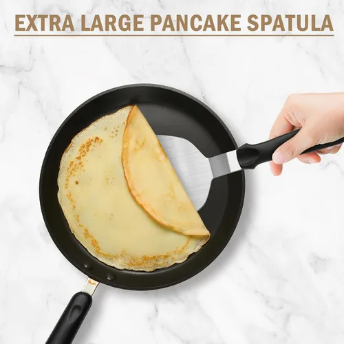 Vista 6 de Paquete de 4 espátulas de acero inoxidable para sartén de hierro fundido, mango resistente al calor, juego de espátulas y espátulas para plancha