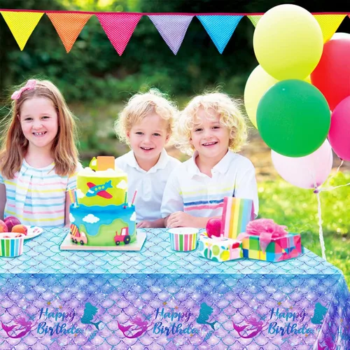 Vista 5 de 1 mantel de cumpleaños de sirena para decoración de fiesta de cumpleaños, funda rectangular desechable de plástico para suministros de fiesta