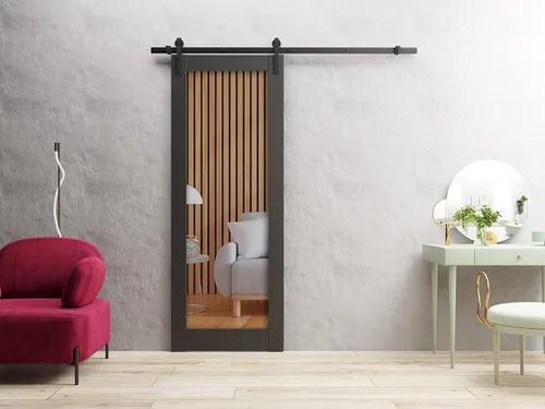 Vista 3 de Puerta de granero resistente de 18 x 80 pulgadas Quadro 4445 roble coñac con vidrio esmerilado Juego de perchas de riel de 6.6 pies Puertas