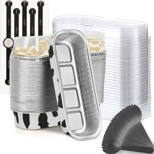 Vista 14 de Findful Mini Moldes para Hornear Pan con Tapas y Cucharas (Paquete de 50, 6.8oz) Moldes Rectangulares de Papel de Aluminio para Hornear Recipientes