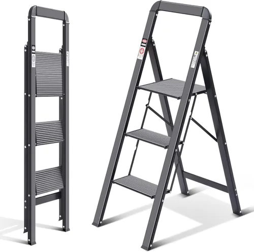 Vista 12 de KINGRACK Escalera de escalón, 2 escalones, escalera plegable con pasamanos, escalera antideslizante de seguridad plegable para el hogar, taburete