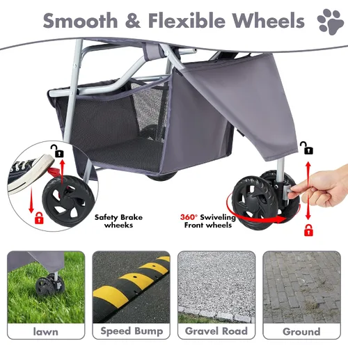 Vista 5 de DUMOS Cochecito de 3 ruedas para perros y gatos pequeños, cochecito plegable para perros con ventanas de malla, cesta de almacenamiento y soporte