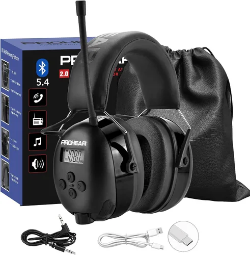 PROHEAR 033 - Auriculares con radio AM/FM Bluetooth 5.4 - Batería recargable USB C de 2000mAh - Auriculares con radio para protección auditiva de