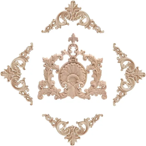 Vista 9 de 5 piezas de apliques de madera tallada en madera Onlays Onlays DIY tallados muebles apliques Onlays sin pintar centro tallado calcomanía para puerta