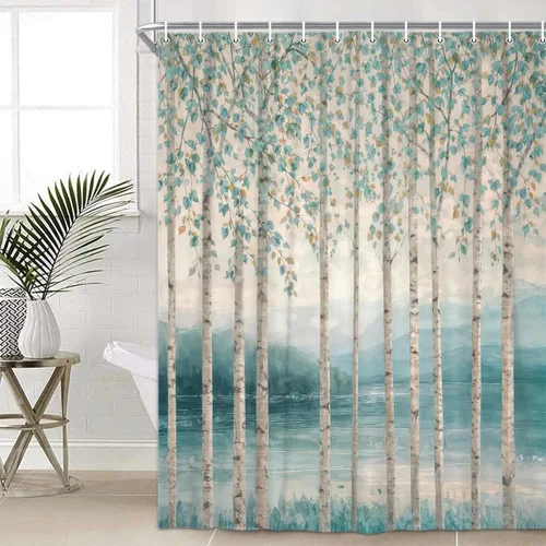 Vista 2 de Wathon Birches of Spring Shower Curtains Forest of Birch Trees Landscape Shower Curtain with Neutral Artistic Hand Drawing, Light Blue Bathroom