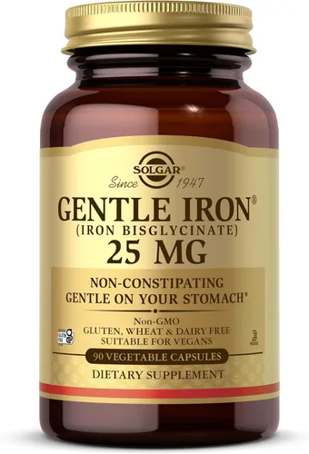 Solgar Gentle Iron 25 mg, 90 cápsulas vegetales - Energía, producción normal de glóbulos rojos - Suave para el estómago - Sin OMG, vegano, sin