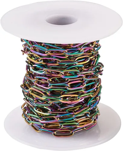 Vista 10 de Cadenas de cable Rolo de acero inoxidable 304 de 32.8 pies, cadenas de eslabones redondos de metal soldado, de color arcoíris, de 0.118 in