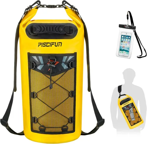 Vista 24 de Piscifun Bolsa seca, mochila flotante impermeable 10L/20L/30L/40L con funda impermeable para teléfono para navegación, kayak, pesca