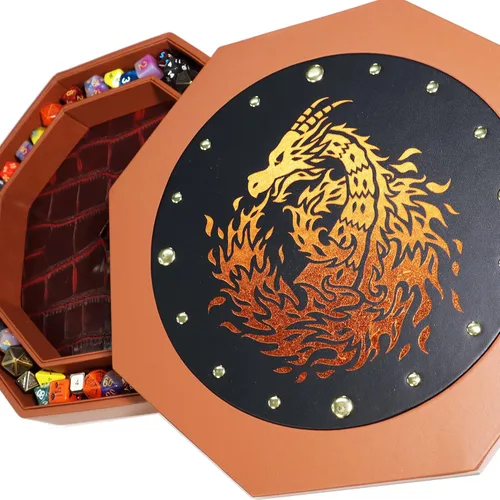 Vista 7 de Fantasydice Bandeja de dados de ojo de dragón de fuego de 12 pulgadas con tapa, octágono extragrande con área de preparación de dados, capacidad