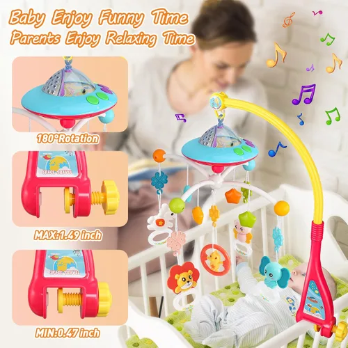 Vista 5 de VZO Cuna móvil con música y luces, móvil para cuna con control remoto, rotación, proyección de luz de estrellas, juguetes de cuna para bebés niños
