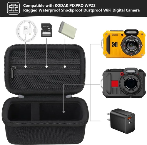Vista 2 de Funda de transporte compatible con KODAK PIXPRO WPZ2, resistente al agua, a prueba de golpes, a prueba de polvo, WiFi, funda de viaje con bolsillo