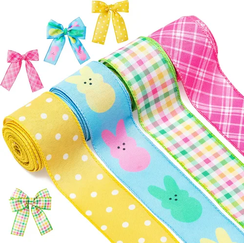 H1vojoxo 4 rollos de cinta con alambre pastel de primavera de Pascua, cintas de borde con alambre de conejo de Pascua, cinta decorativa para regalo,
