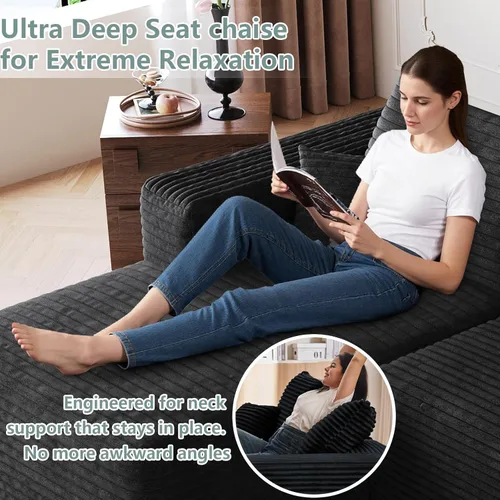 Vista 4 de Sofá modular de 95 pulgadas con otomana, moderno sofá nube de pana con asiento profundo, sofá sin hueso tapizado de 3 plazas en forma de U para sala