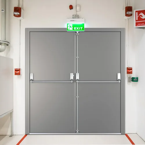 Vista 7 de VIZ-PRO Puerta de salida contra incendios de montaje rápido (doble) con barra de pánico, gris lado derecho hoja activa hacia afuera