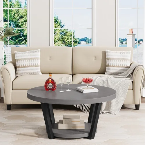 Vista 5 de Mesa de centro redonda con estante de almacenamiento, mesa central de madera de 2 niveles, muebles industriales modernos de sala de estar, gris