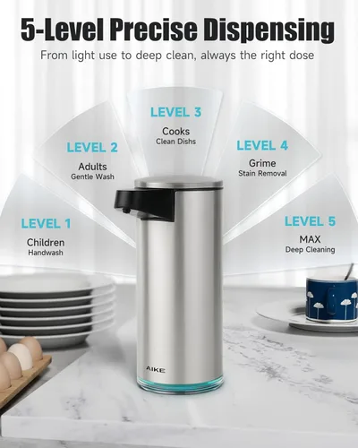 Vista 5 de Aike SensePro Dispensador Automático de Jabón Tipo-C Recargable, Acabado de Acero Inoxidable Cepillado 12.8 fl.oz. para Jabón Líquido