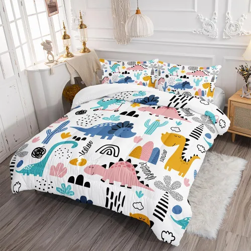 Vista 2 de Juego de edredón de dinosaurio de dibujos animados y arco iris, juego de ropa de cama de 3 piezas de dinosaurio Kawaii para todas las estaciones