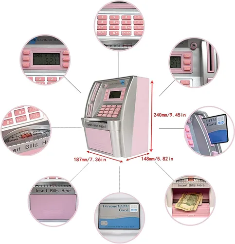 Vista 5 de Caja de ahorros rosa para cajeros automáticos, mini cajero automático para niños por dinero real, cajero automático para niños y niñas, cumpleaños