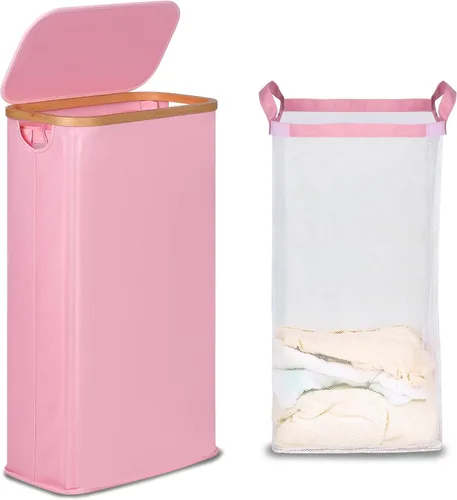 Vista 25 de efluky Cesta de lavandería delgada con tapa, cesta estrecha para la ropa sucia con bolsa extraíble, cesta de ropa sucia delgada con asas de bambú