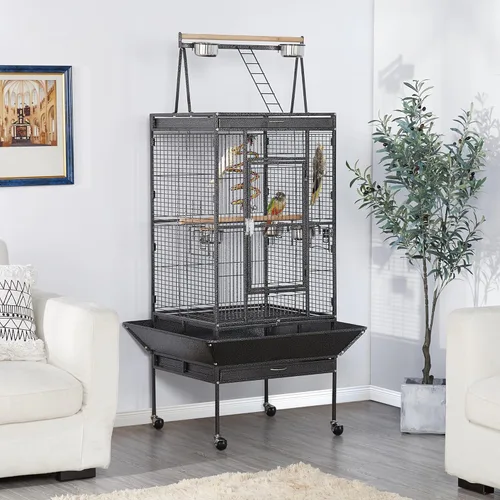 Vista 2 de Jaula para pájaros y accesorios de Yaheetech. Ideal para loros, cacatúas, periquitos., Negro