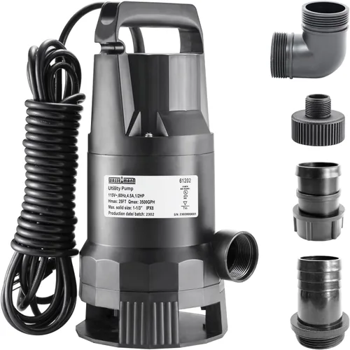 Vista 10 de WASSERMANN Bomba de Agua Sumergible de 1/2HP, 3300GPH Bomba de Utilidad Termoplástica Eléctrica Portátil de Transferencia para Sumidero Limpio/Sucio