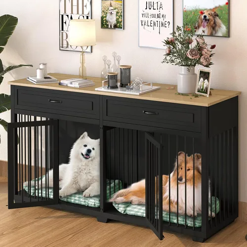 Vista 10 de Muebles grandes de jaula doble para perros de 64.6 pulgadas, muebles de madera para perreras con divisor y 2 cajones, muebles para 2 perros pequeños