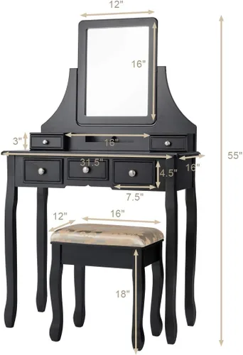 Vista 33 de CHARMAID Escritorio de tocador con espejo y luces, mesa de tocador de maquillaje con 5 cajones de almacenamiento, 3 modos de iluminación