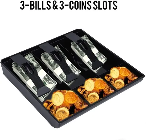 Vista 2 de Bandeja de inserción de caja registradora con 3 compartimentos para facturas y 3 para cajón, bandeja de inserción resistente, ligera y (negro)