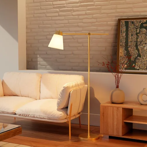 Vista 2 de Globe Electric Lámpara de pie de 69 pulgadas, brazo oscilante, chapado en latón mate, pantalla de tela cónica blanca, interruptor giratorio