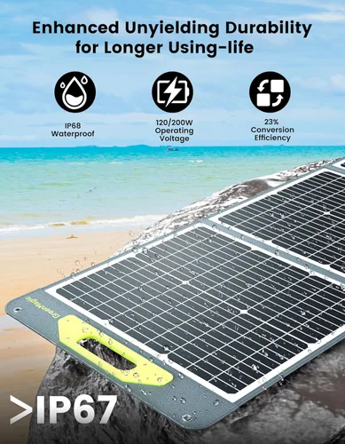 Vista 2 de Greenmagic Panel Solar Portátil de 120W 19V, Kit de Paneles Solares Plegables de 120W con Soportes Ajustables, Impermeable IP65 para Camping