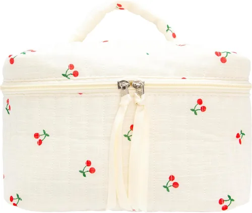 Vista 28 de PAZIMIIK - Bolsa de maquillaje de algodón para mujer, grande, acolchada para viaje, Vintage Pequeña flor beige