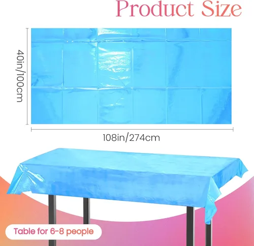 Vista 2 de Mantel iridiscente azul de 2 piezas, 40 x 108 pulgadas, mantel de mesa láser brillante desechable, manteles de plástico con purpurina, mantel