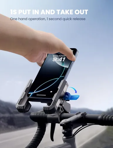 Vista 2 de Soporte de teléfono para bicicleta eléctrica, de montaña, scooter y motocross [compatible con cámara] [bloqueo 1S] Soporte universal de manillar